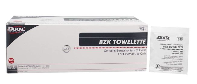 Dukal BZK Towelettes 5'' x 8". Pack of 100 Benzalkonium Chloride Pads. Cleansing Wipes for Face; Hands; and Body. Pre-Moistened Wipes. Hand Sanitizing